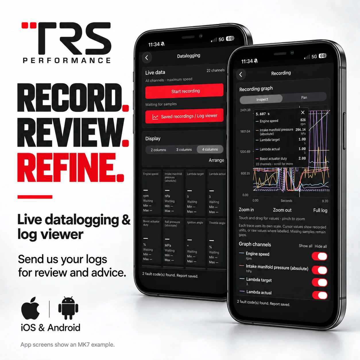 TRS Performance app live data and logging screen